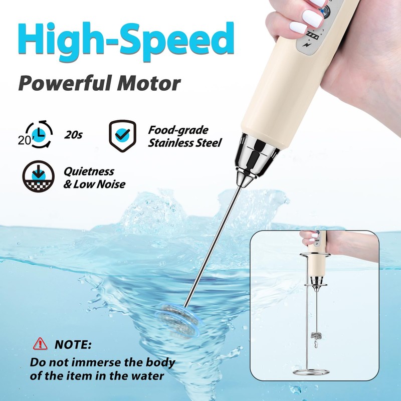 Milk Frother Rechargeable Handheld-Electric Whisk 3 Speed Adjustable, Coffee Frother