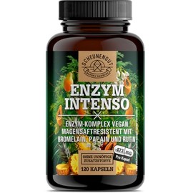 Enzyme Intenso Bromelain Capsules – Important: Laboratory Tested Formula with Bromelain (5000 F.I.P), Papain, Rutin I Pineapple + Papaya Enzyme -120 Gastric Juice-Resistant Capsules - DE SCHEUNENGUT