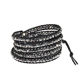 AeraVida Mystique Silver Fashion Crystal Five Black Leather Wrap Bracelet