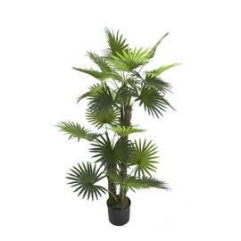 AMERIQUE 5 Feet Unique Tropical Fan Palm Tree Artificial Silk Plant, UV Protection, Indoor and Outdoor Display, with Nursery Plastic Pot, Feel Real Technology, Emerald Green