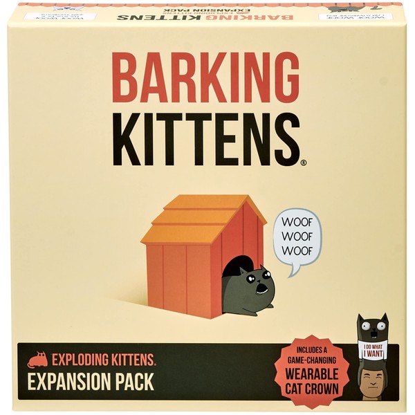 Barking Kittens Expansion Pack - 20 Cards with Wearable Cat Crown - Elevate Exploding Kittens with New Twists - Family Games for Kids and Adults - Funny Card Games for Hours of Rib-Cracking Gameplay