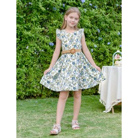 PATPAT Little Big Girls Dress Vintage Boho Floral Ruffle Short Sleeve Casual Swing Dress with Braided Belt, Floral Green, 9-10 Years