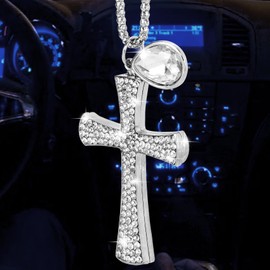 PAGOW PAGOW Bling Car Accessories for Women, Double-Sided Cross Car Decor, Crystal Diamond Metal Cross Pendant, Cute Vehicle Interior Decor Accessories Silver