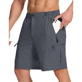 SERAMY - Pantalones cortos tipo cargo para hombre, con 6 bolsillos con cierre, 9 pulgadas, de secado rápido, ligeros para golf, pesca casual, Cintura elástica gris completa, Large Short