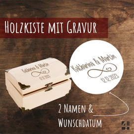 4you Design Wooden Wedding Treasure Chest with Engraving - Infinity 2 Name & Date Motif - Wedding Gift for Bride and Groom - Perfect as Packaging or Money Gift - L18 x W13 x H10 cm