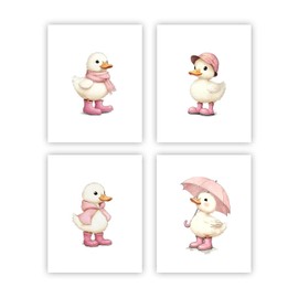 heilkee Cute Duck Nursery Decor for Baby Girl Pink Girly Wall Art Duck Prints Kids Room Bathroom Bedroom Set of 4(UNFRAMED 8x10in)