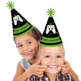 Big Dot of Happiness Game Zone - Cone Happy Birthday Party Hats for Kids and Adults - Set of 8 (Standard Size)