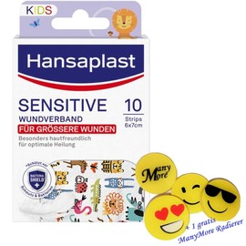 XL Hansaplast Sensitive Kids Large - 10 Plaster Strips - 6 x 7 cm Each + Free ManyMore Eraser