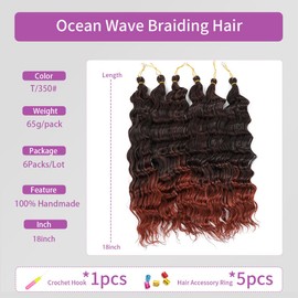 18 Inch Ocean Wave Crochet Hair 6 Packs Deep Wave Braiding Hair Curly Crochet Synthetic Braids Hair Extension for Women (1B/350#, 18 Inch 6 Packs)