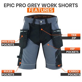 WrightFits Men Epic Pro Work Shorts Rip-Stop Grey Heavy Duty Safety Combat Cargo Summer Shorts - Multi Pockets - Triple Stitched - Durable Workwear (34W)