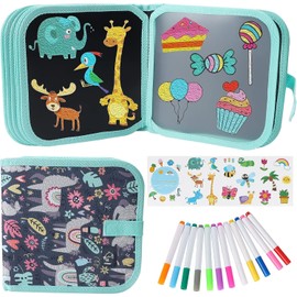 Qrytoi Erasable Doodle Set for Kids - Magic Drawing Book With 12 Watercolor Pens, 14 Page Reusable Book, Road Trip Car Game Writing Painting Set for Boys and Girls (Sheep)