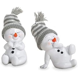 Decorative figure snowman sitting in set of 2, each 11 cm, polystone white with winter hat, textile wool, decorative figure, snowman figure, iced winter decoration, winter, Christmas