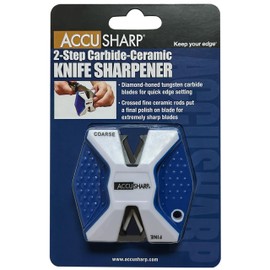 AccuSharp Pull Through Knife Sharpener Keychain, 2-Stage Knife Sharpener for Kitchen Knives, Straight or Serrated, Outdoor Handheld Knife Sharpener for Fishing & Hunting, White/Blue