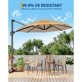 GarveeLife 10FT Patio Umbrella Outdoor Solar LED Large Cantilever w/Base Included Market Sun Shade Windproof Offset with 360-Degree Rotation for Garden Deck Pool Patio, Tan