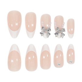 24Pcs French Tip Press on Nails Long Almond Fake Nails with Silver Bow Nail Rhinestones Full Cover Nude False Nails Valentine's Day Press ons Acrylic Nails Stick on Nails for Holiday Nails