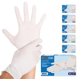 FRANZ MENSCH Hygostar Safe Light Nitrile Gloves, Powder-Free, White, 9/L, 24 cm, Pack of 100, Disposable Gloves, Available in Sizes XS, S, M, L, XL and XXL