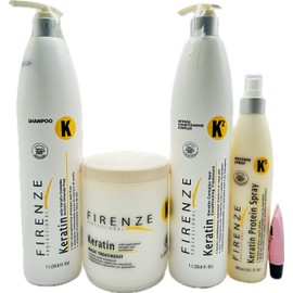 Firenze Professional Keratin Kit: Shampoo, Intense Conditioning complex & Mask 33.8 fl oz Protein Spray 10.1 Fl Oz - Free Lip Gloss Color Varies