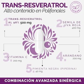 Oby Resveratrol Puro 240 Capsulas (2Pack) | 1300 mg porcion de Antioxidantes: Trans-Resveratrol al 98%, Semilla de Uva Roja, Arándano, Pimienta Negra 