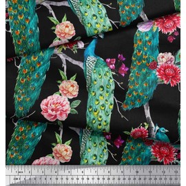 Soimoi Cotton Canvas Fabric Floral & Peacock Bird Printed Fabric 1 metre 42 Inch Wide