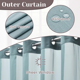 SORTTO No Hook Slub Textured Shower Curtain with Snap in Liner - Blue Fabric Outer Curtain & Waterproof Inner Liner, Hotel Style with See Through Top Window, 71x74 in