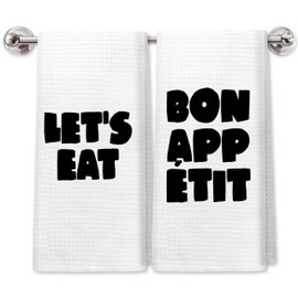 PIUD Black and White Kitchen Towels, Mid Century Minimalist Neutral Dish Tea Towels for Kitchen Decor, Bon Appetit Let's Eat French Quote Decorative Hand Towels, 16x24 Inch Set of 2