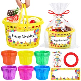 Patelai 24 Set Baskets for Gifts Empty Plastic Birthday Gift Baskets with Handles Greeting Cards Border Sticker Plastic Bags Ribbon for Birthday Party Back to School Classroom Home Storage Supplies