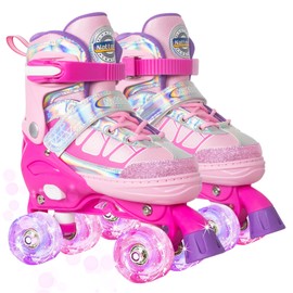Nattork Roller Skates for Kids Boys Girls, 4 Size Adjustable Rollerskates with Light Up Wheels for Children Beginners for Outdoor Indoor Rosy