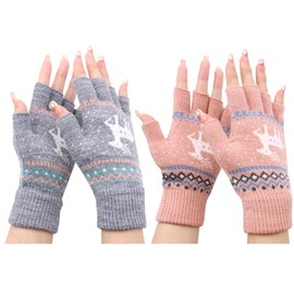 VEGCOO 2 Pairs Fingerless gloves,Women's Winter Gloves Women's Thermal Fingerless Gloves Knitted Warm Fingerless Touch Screen Typing Used for Outdoor Sports Driving Office (Pink+Gray)