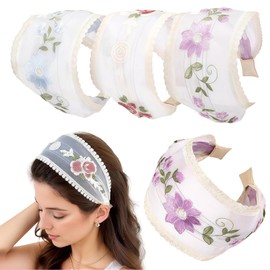 3 Stück Frauen Breite Haarband 9 cm, Blumenstickerei Mesh-Haarband, Bequeme Anti-Rutsch-Haarbänder mit Kammzähnen für Frauen und Mädchen Haaraccessoires (9CM Stil B, Einheitsgröße)