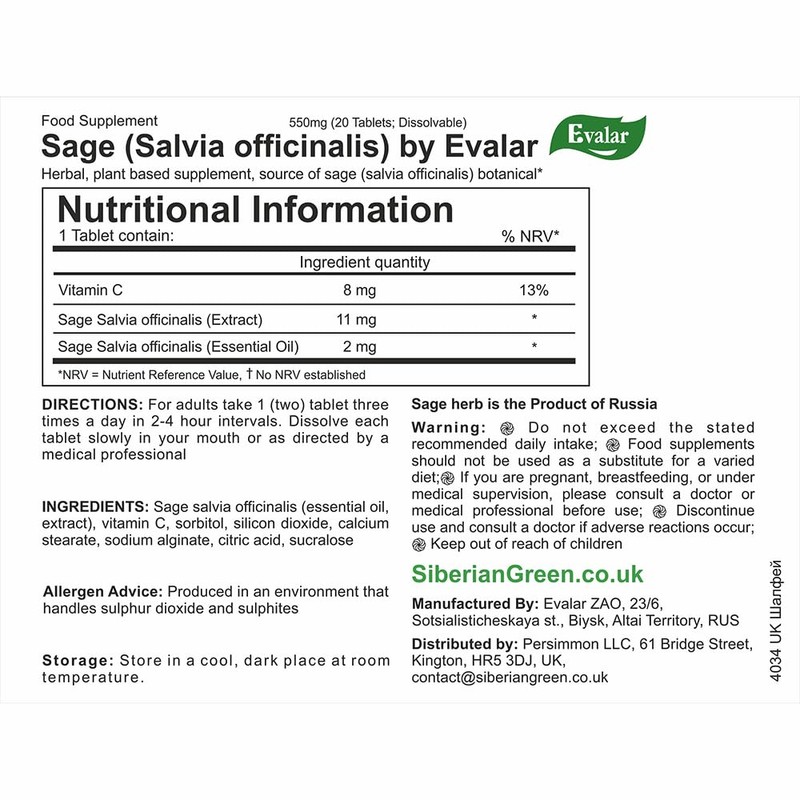 Evalar Sage Salvia officinalis Herb Dissolvable 20 Tabs