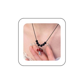 Xduargs Boho Mushroom Pendant Necklace Red Resin Choker Vintage Black Beads Leather Adjustable Waterproof Rope Jewellery for Women, Zinc