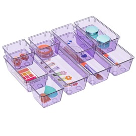WOWBOX 9 Pack Clear Drawer Organizer Set, Acrylic Drawer Storage Trays, Storage Bins for Makeup, Cosmetics, Jewelries, Utensils, Gadgets, Office, Purple