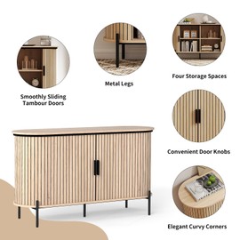 Phoenix Home Sideboard Buffet Cabinet with Storage, Mid-Century Modern Bedside Table with Sliding Doors and Multifunctional Console Table for Living Room, Kitchen, Entryway, Oak