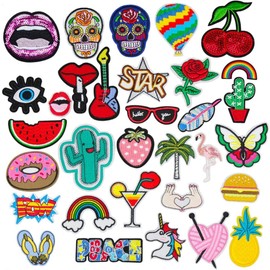 VOANZO 32Pcs Stickers Cute Cartoon Clothes Iron On Patches for Clothing Decorative Embroidered Patche Applique Set DIY Accessory for Clothes Pants Hats Jeans
