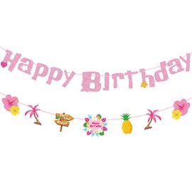 GZDUCK Hawaiian Birthday Banner- Pink Tropical Happy Birthday Banner, Summer Birthday Party Decorations, Aloha Party Decor with Pineapple for Girls Baby Shower Pool Beach Party Birthday Decorations