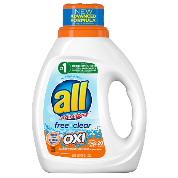 All all Liquid Laundry Detergent with OXI Stain Removers & Whiteners, Free Clear, 36 oz, 20 Loads, 36 fl oz