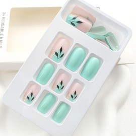 Glue on Nails Medium Fake Nails Square Press on Nails Green Full Cover Acrylic Nails Press ons Gold Leaf Black Leaf Design False Nails Glossy Artificial Stick on Nails for Women 24Pcs