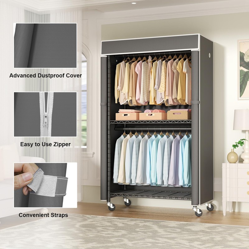 FUTASSI Black Clothing Rack with Dark Gray Cover, P1C Rolling