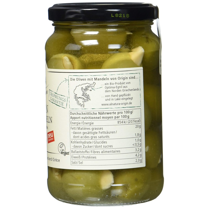 Alnatura Green Olives with Almonds Organic, 350 g (Draining Weight