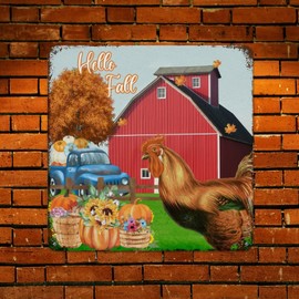 Retro Wall Plaques Farm Barn Sunflower Leopard Truck Hello Fall Chicken Metal Tin Sign Thanksgiving Decorations Metal Wall Decor Sign Farmhouse Autumn Art Sign for Porch Outdoor Bedroom 10x10in