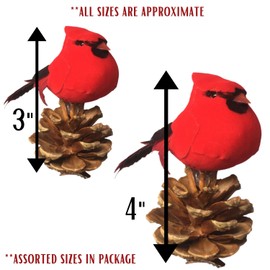 Cardinal Pinecone Clip-On Christmas Ornaments - Red Cardinals Sitting on a Pine Cones - Feathered Wings and Tails - 3"-4" H - Set of 12