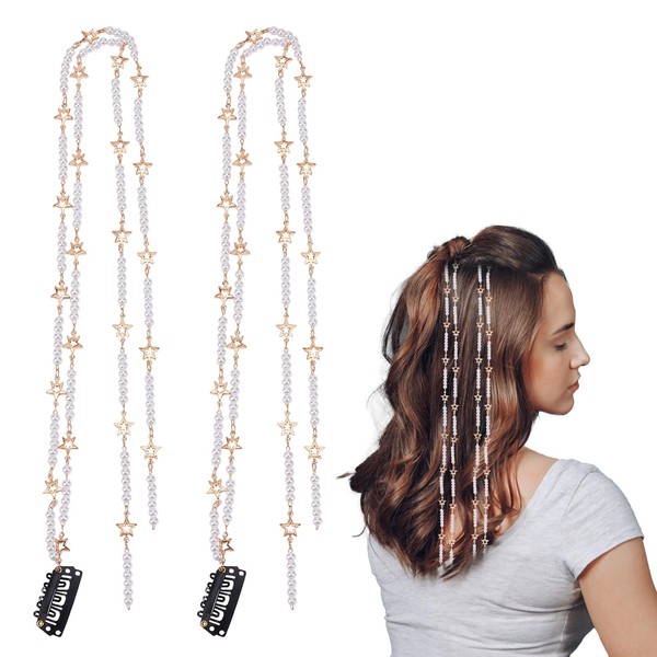 NICENEEDED 4 Pieces Artificial Pearl Star Strands Hair Chains, Pearl Hair Extension Clip Chain for Braiding Hair, Wedding Hair Accessories for Women and Girls