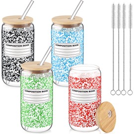 4 Pack 16 oz Back to School Glass Cups, Composition Notebook Glasses