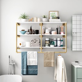 HOMEKAYT 48'' Industrial Pipe Shelving Floating Wall Shelves 3 Tier Gold Shelves Multiple Use for Kitchen, Bedroom,Living Room,Bathroom