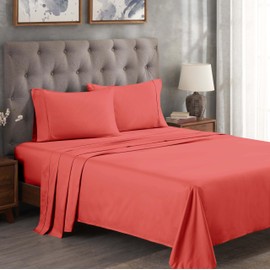 Superior Egyptian Cotton 300 Thread Count Bed Sheet Set, 1 Elastic Deep Pocket Fitted Sheet, 1 Flat Sheet, 2 Pillowcases, Daily Soft Sheets, Luxury, Plush, Home Essentials, California King, Coral