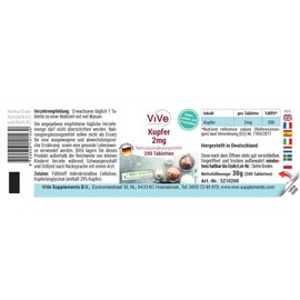 Kupfer 2mg - 200 Tabletten - Kupferbisglycinat - Hochdosiert - Bioverfügbar - Qualität aus Deutschland - ViVe Supplements