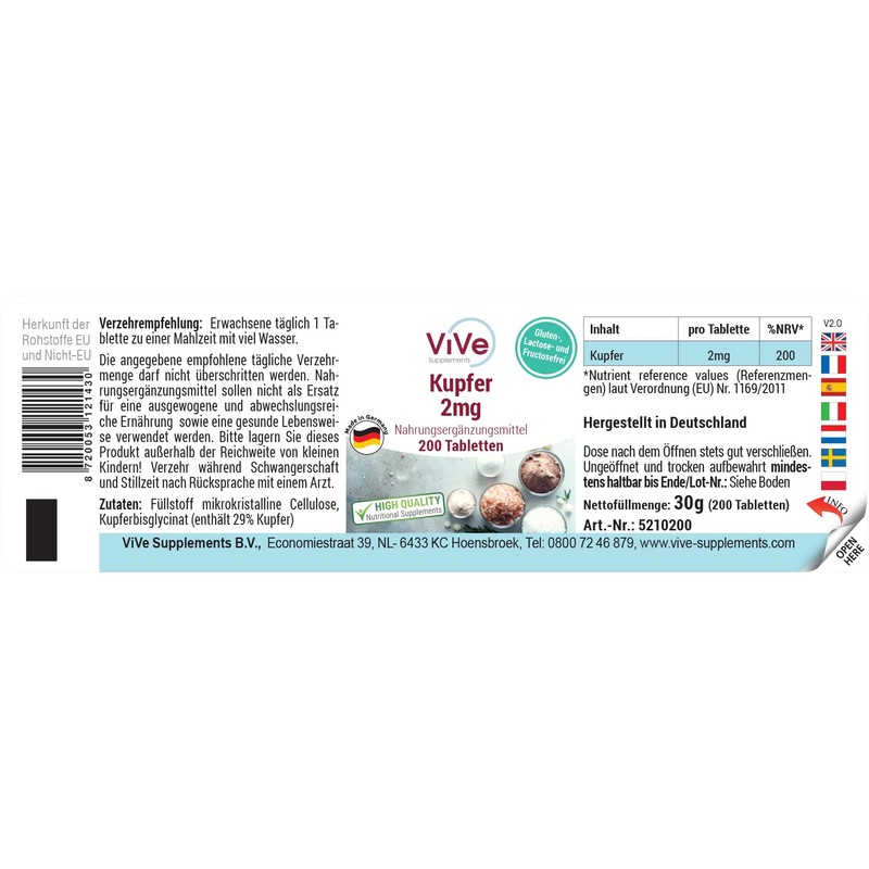 Kupfer 2mg - 200 Tabletten - Kupferbisglycinat - Hochdosiert -