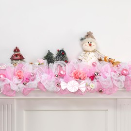 Janinka 6 ft Pink Christmas Garland for Mantle with LED Lights Candy Flower Ribbons White Pink Balls for Front Door Outdoor Table Centerpiece Fireplace Decor