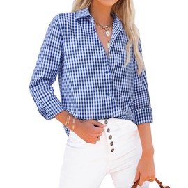 siliteelon Plaid Shirts for Women Button Down Gingham Top Long Sleeve Dress Shirts Cotton Fitted Casual Work Collared Blouse