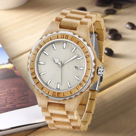 Tiong White Color Quartz Wooden Men's Watch, All Wood Bracelet Folding Buckle Wrist Strap Men's Watches Fashion Wooden Watches for Men